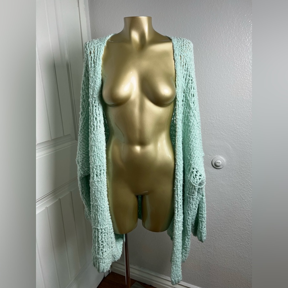 Free People Saturday Morning Oversized Mint Green Open-Knit Cardigan - Picture 4 of 7